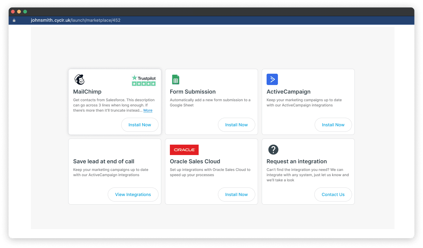 Custom Built Integration Marketplace that is shown to end users natively