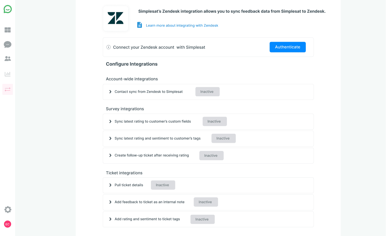 Simplesat custom UI demonstrating how they authenticate and implement integrations for their end-users.