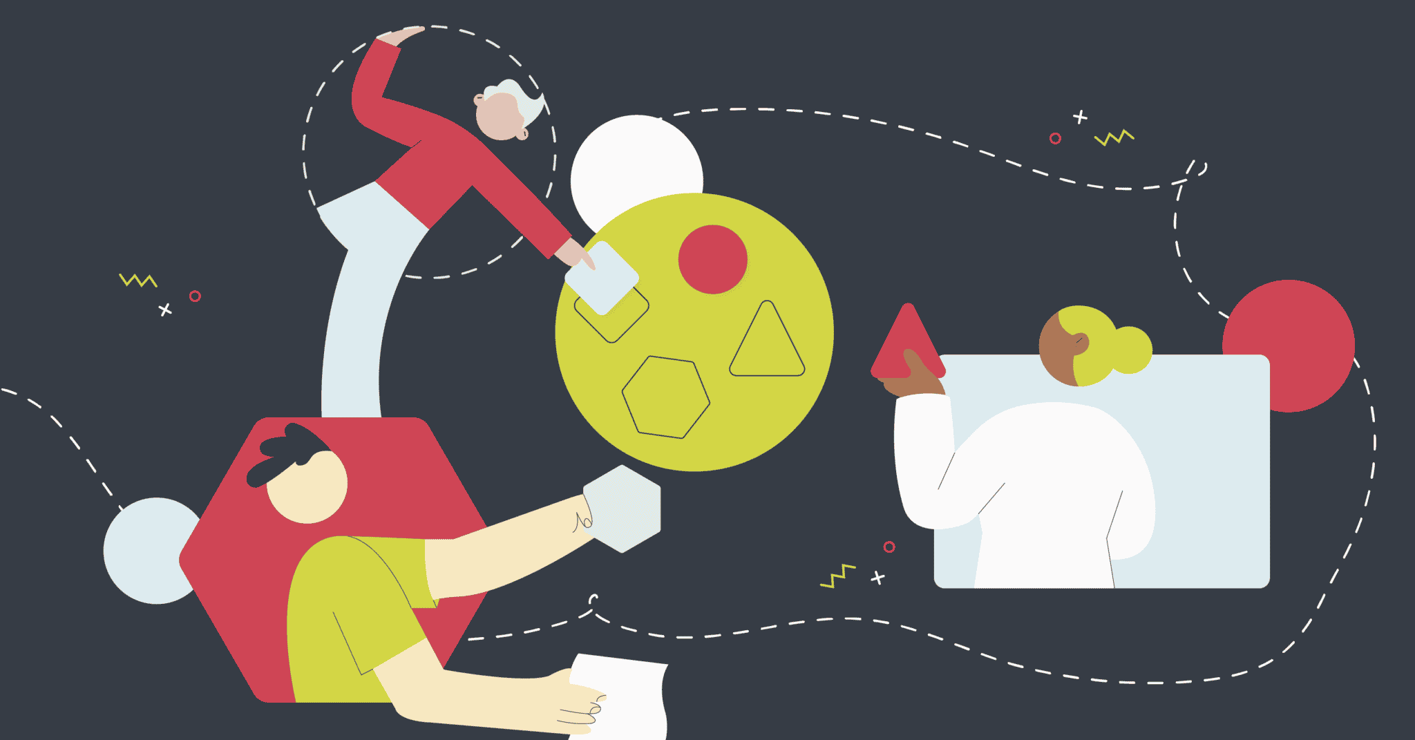 A graphic illustration of different team members collaborating to achieve organisation culture