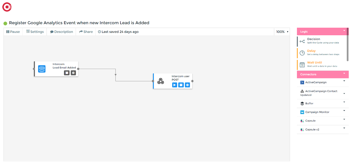 A screenshot of the Cyclr integration builder demonstrating the workflow with intercom and a Webhook to achieve the desired results in Google Analytics. 