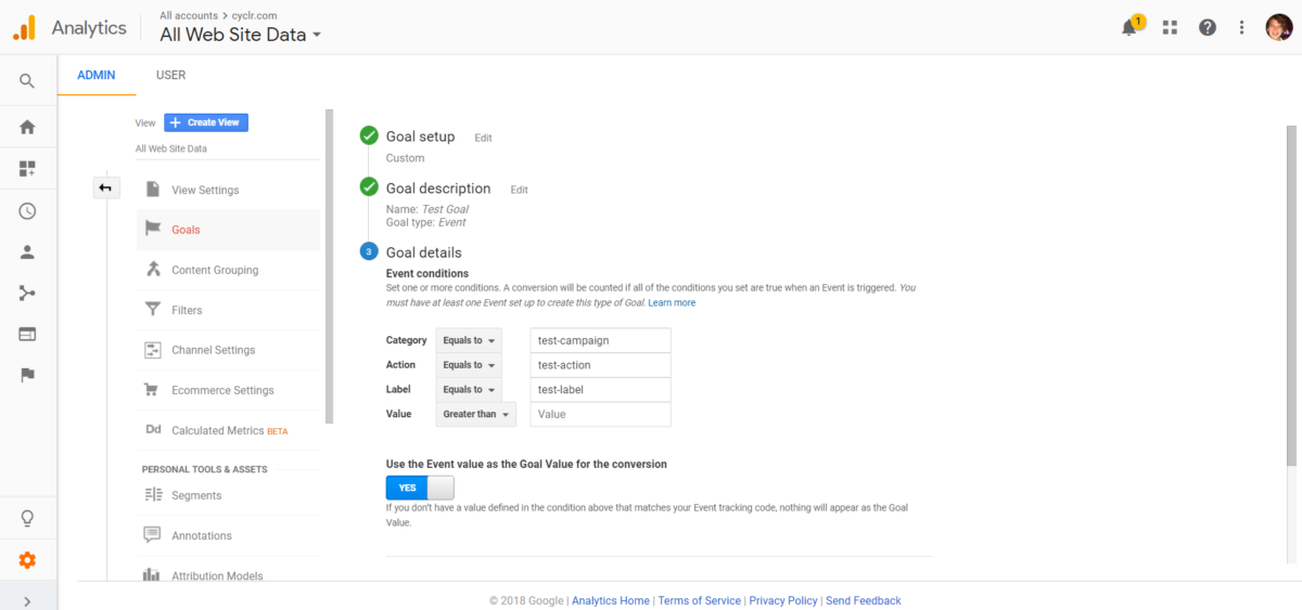 A screenshot of the Google Analytics interface and demonstrating the step by step process of setting up a new goal before implementing the webhook workflow.
