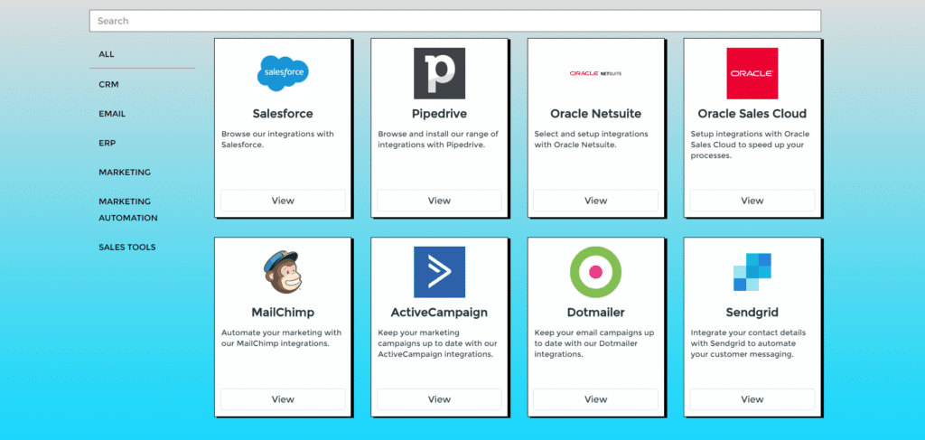 Integration marketplace with sidebar and search bar
