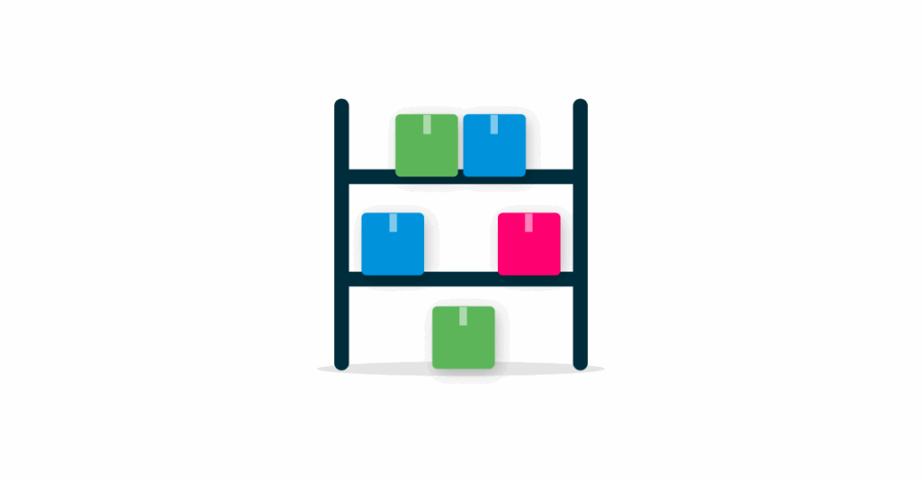Colorful boxes on a storage shelf